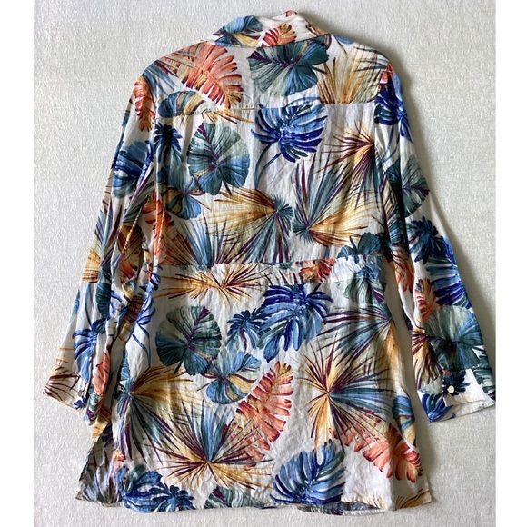 Chico’s Tropical Palm Print Linen Utility Top Womans 1P Medium 8P Tan 3/4 Sleeve - Picture 8 of 15